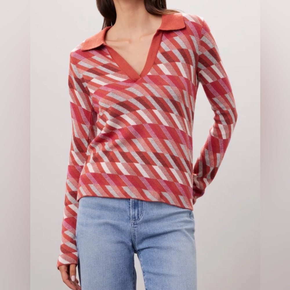 Marine Layer Coral Pink Geometric V-Neck Sweater